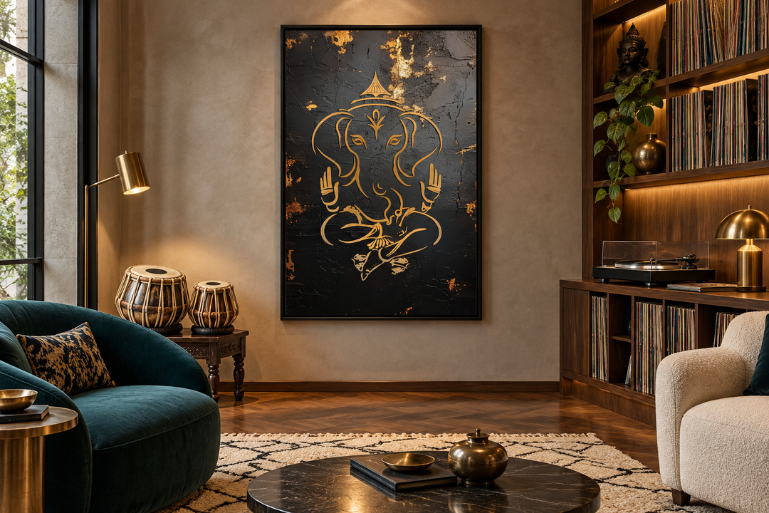 Minimalist black and gold Lord Ganesha framed canvas wall art in a modern music room setting.