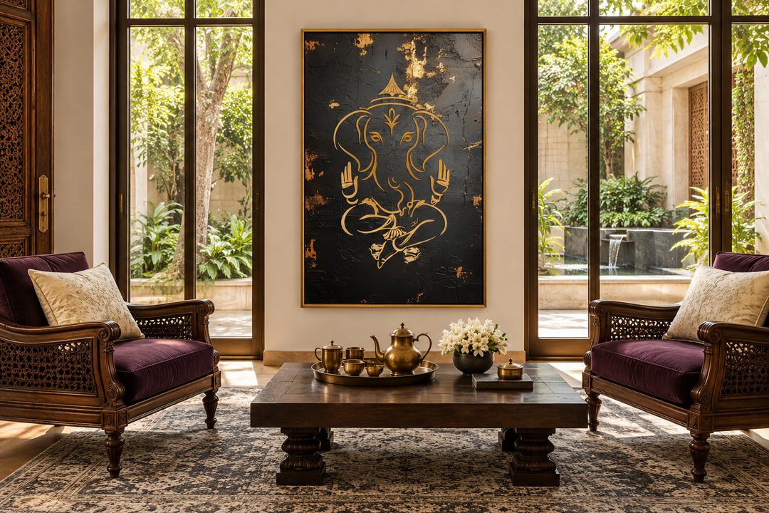 Minimalist black and gold Lord Ganesha framed canvas wall art in a sophisticated living room.