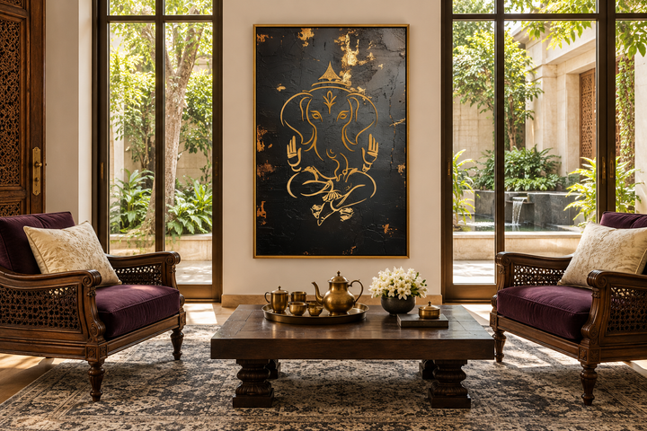 Minimalist black and gold Lord Ganesha framed canvas wall art in a sophisticated living room.