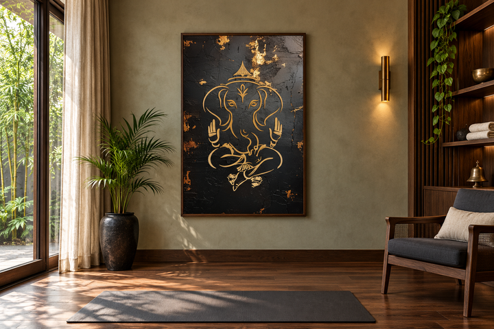 Minimalist black and gold Lord Ganesha framed canvas wall art in a modern yoga room setting.