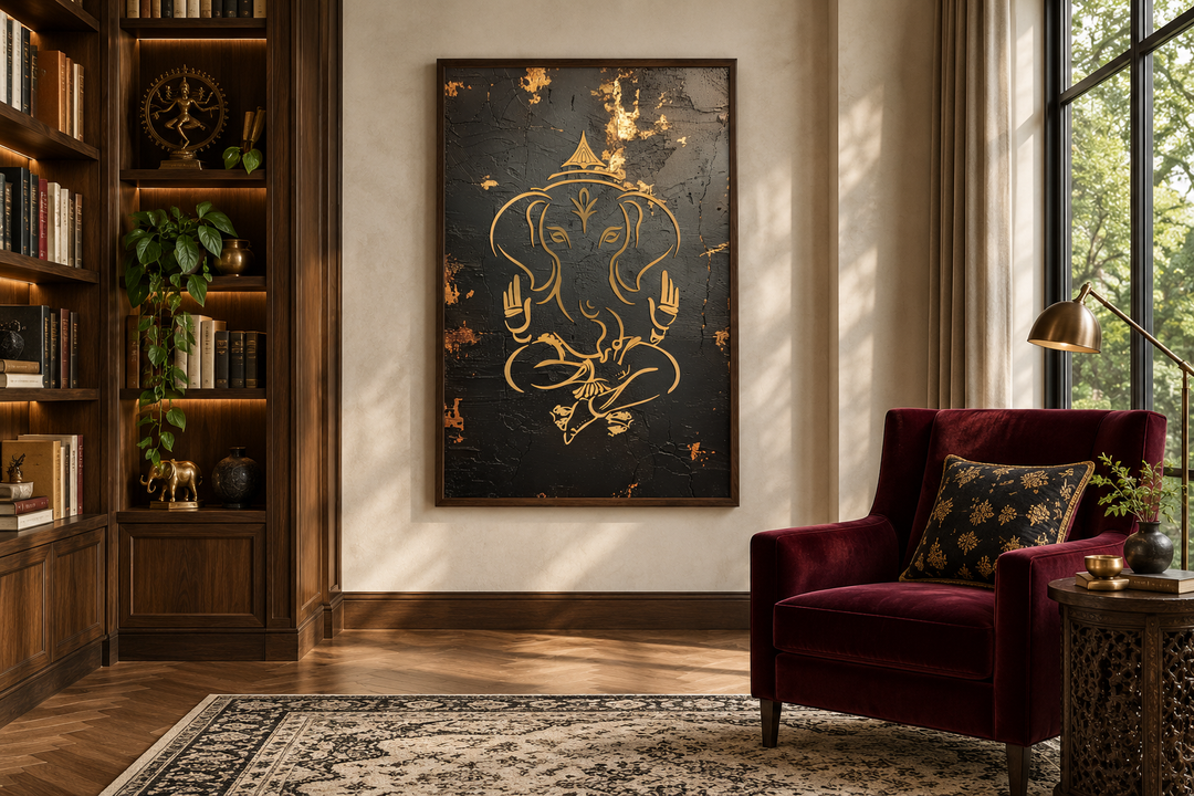 Minimalist black and gold Lord Ganesha framed canvas wall art in a library setting.