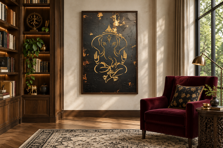 Minimalist black and gold Lord Ganesha framed canvas wall art in a library setting.