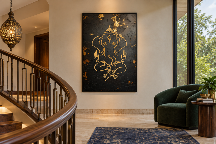 Minimalist black and gold Lord Ganesha framed canvas wall art in a modern home interior.