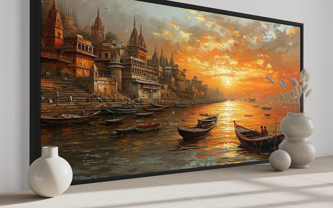 Ganges River In Varanasi At Sunset Framed Indian Canvas Wall Art