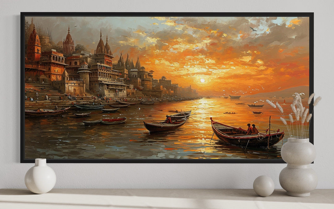 Ganges River In Varanasi At Sunset Framed Indian Canvas Wall Art