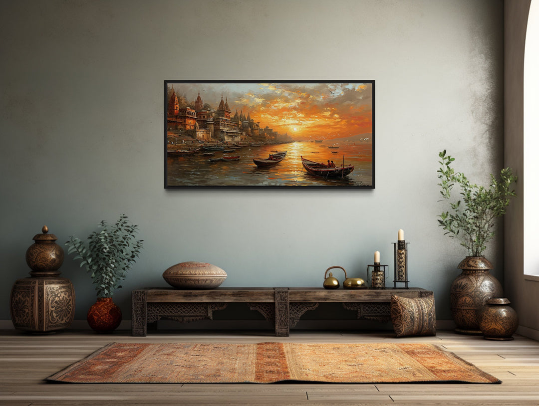 Ganges River In Varanasi At Sunset Framed Indian Canvas Wall Art