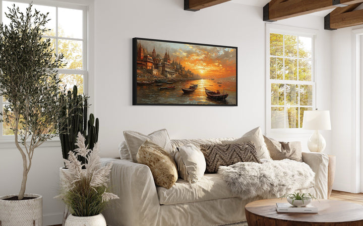 Ganges River In Varanasi At Sunset Framed Indian Canvas Wall Art