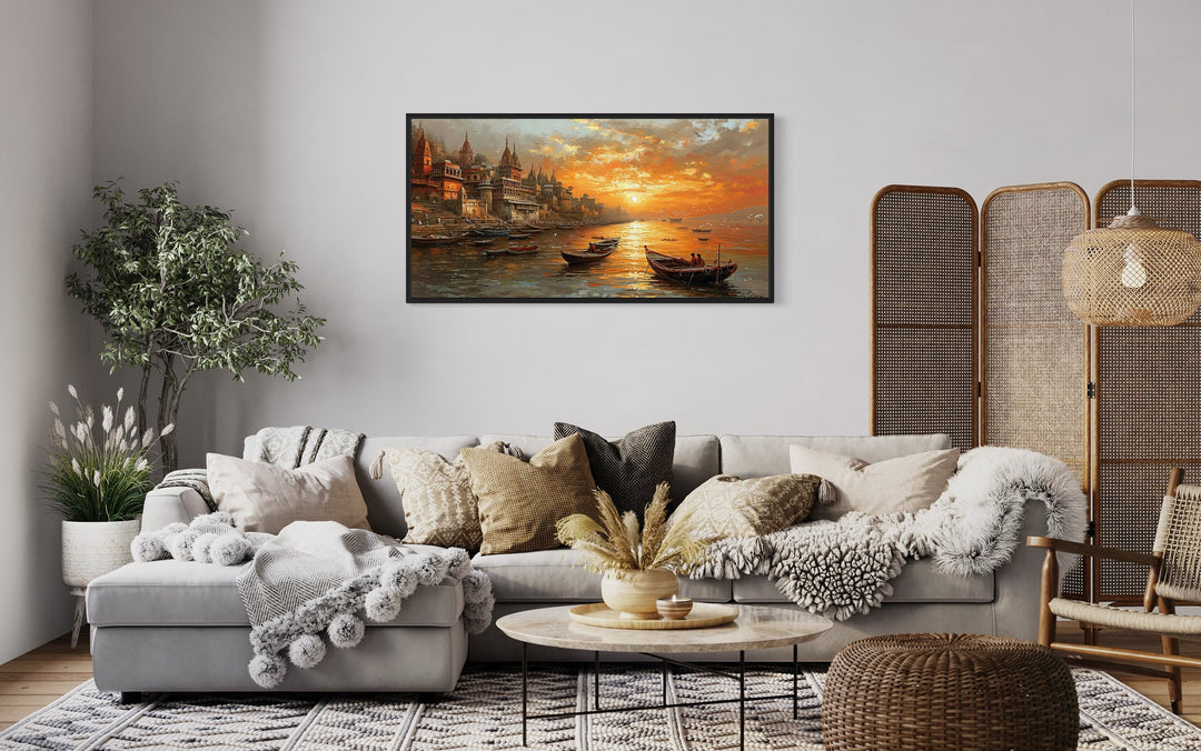 Ganges River In Varanasi At Sunset Framed Indian Canvas Wall Art