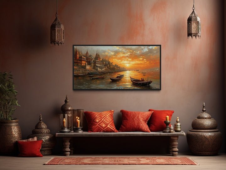 Ganges River In Varanasi At Sunset Framed Indian Canvas Wall Art