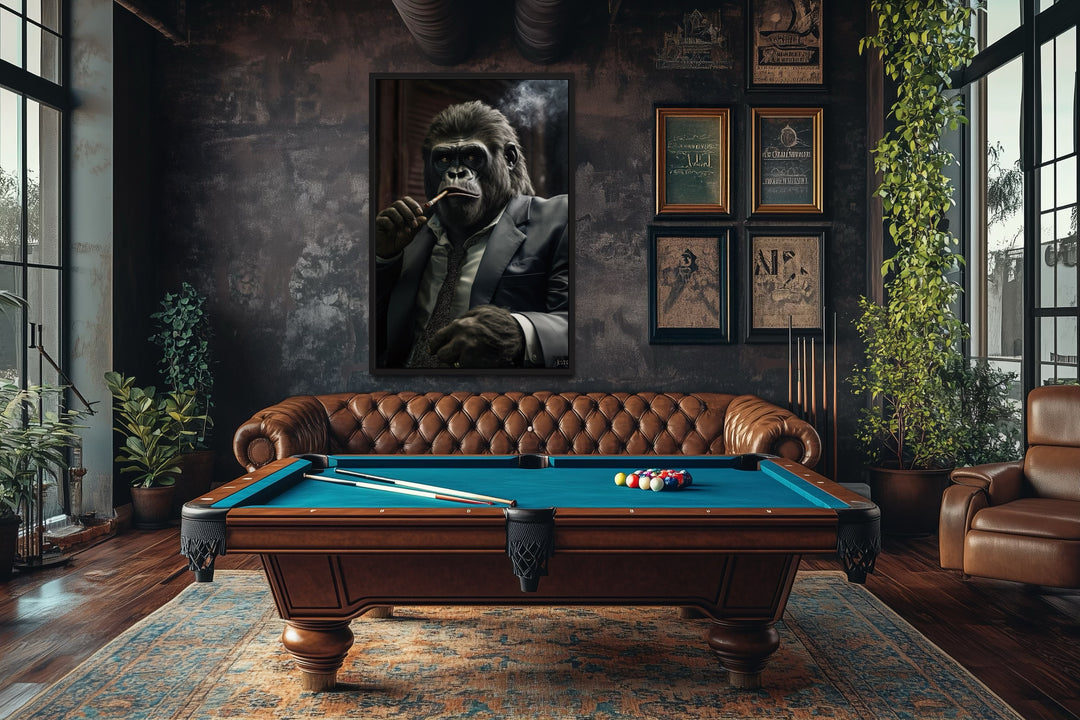 Gangster gorilla in a suit smoking a cigar framed canvas wall art in a masculine lounge setting.