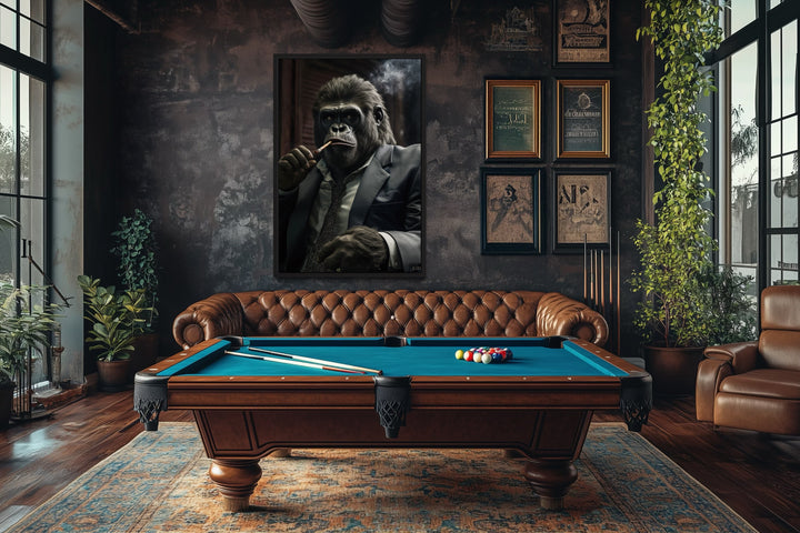 Gangster gorilla in a suit smoking a cigar framed canvas wall art in a masculine lounge setting.
