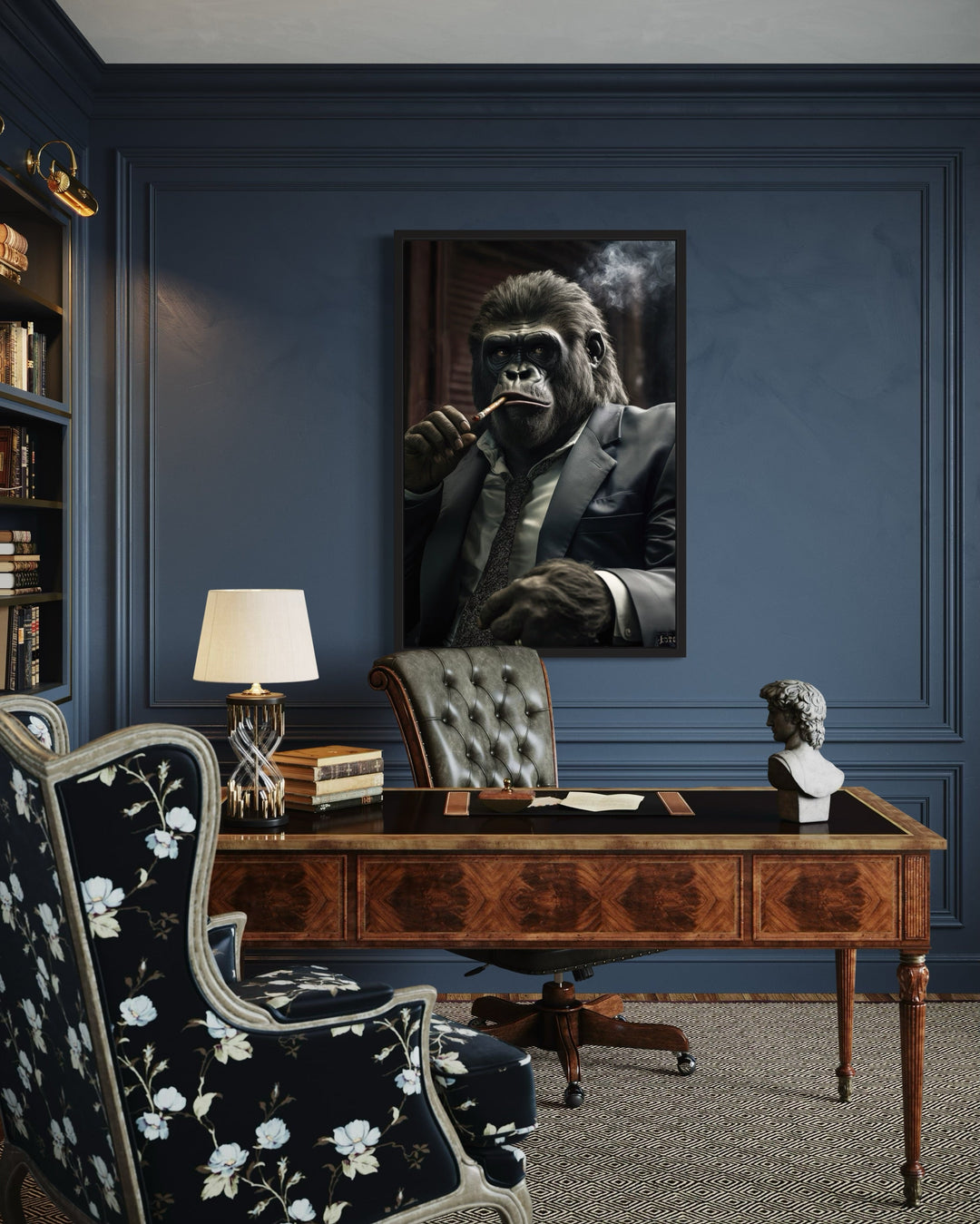 Framed canvas wall art of a gorilla in a suit smoking a cigar, hanging in a dark blue office.