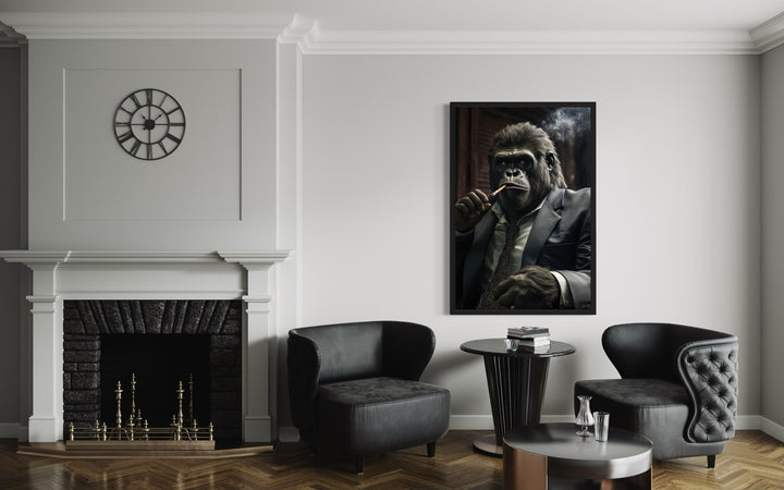 Framed canvas wall art of a gorilla in a suit smoking a cigar, hung in a modern living room.