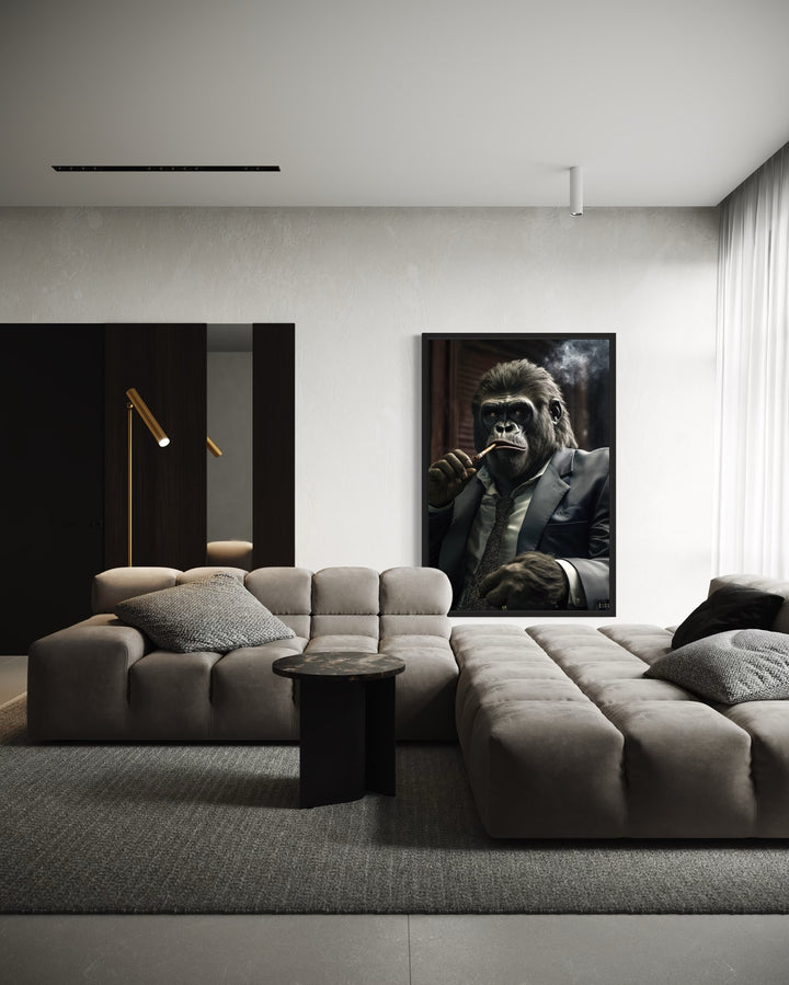 Gangster Gorilla Smoking Cigar Framed Canvas Wall Art For Men