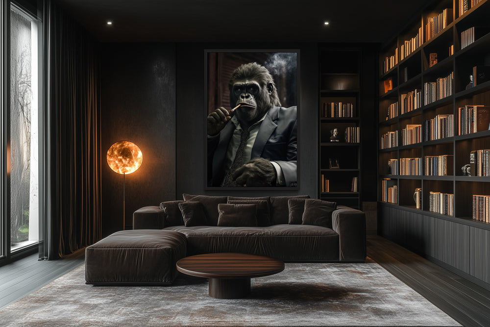 Framed canvas wall art of a gangster gorilla smoking a cigar.