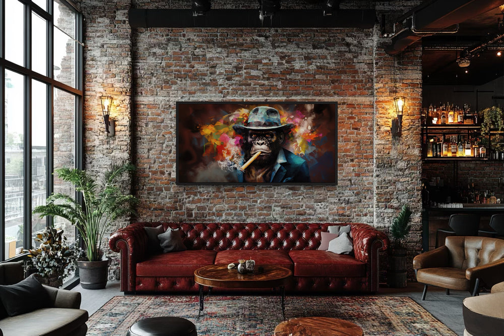 Gangster Gorilla in fedora and suit smoking a cigar canvas wall art in a brick wall man cave.