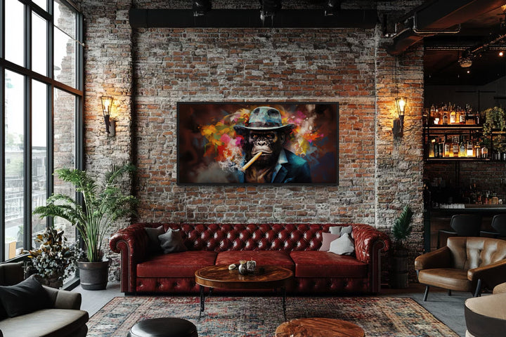 Gangster Gorilla in fedora and suit smoking a cigar canvas wall art in a brick wall man cave.
