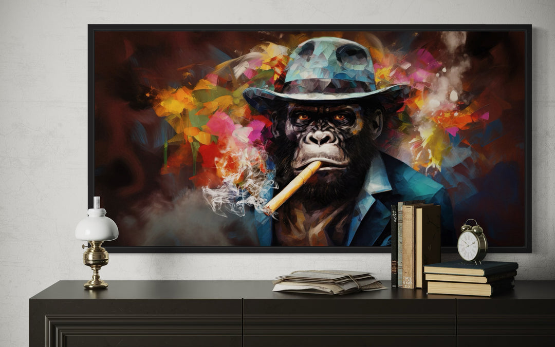 Colorful canvas wall art of a gangster gorilla in a fedora and suit smoking a cigar.