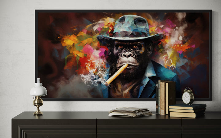 Colorful canvas wall art of a gangster gorilla in a fedora and suit smoking a cigar.
