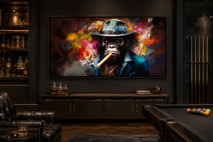 Gangster gorilla in a fedora and suit smoking a cigar canvas wall art in a dark man cave setting.