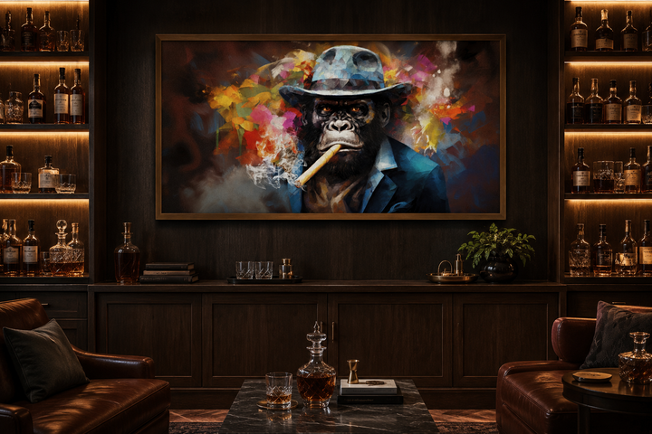 Gangster gorilla in a fedora and suit smoking a cigar canvas wall art in a dark home bar setting.
