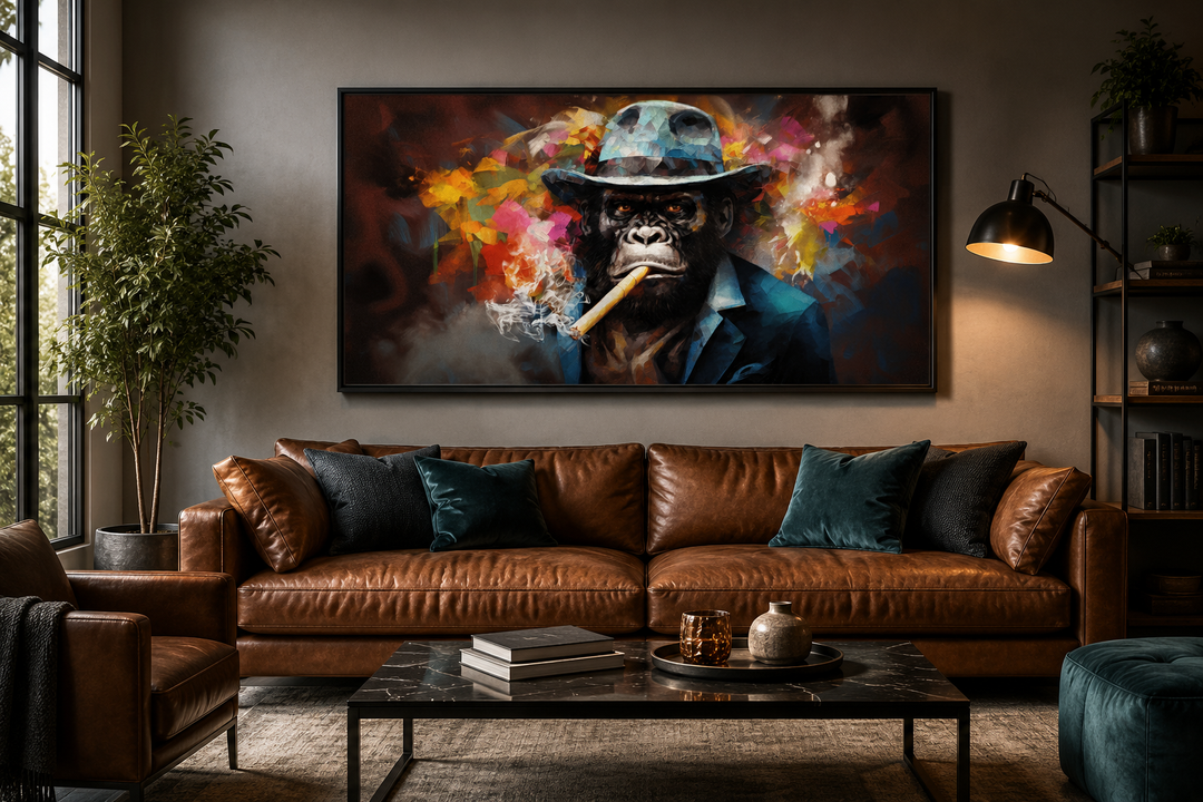 Gangster gorilla in a fedora and suit smoking a cigar canvas wall art in a modern living room.