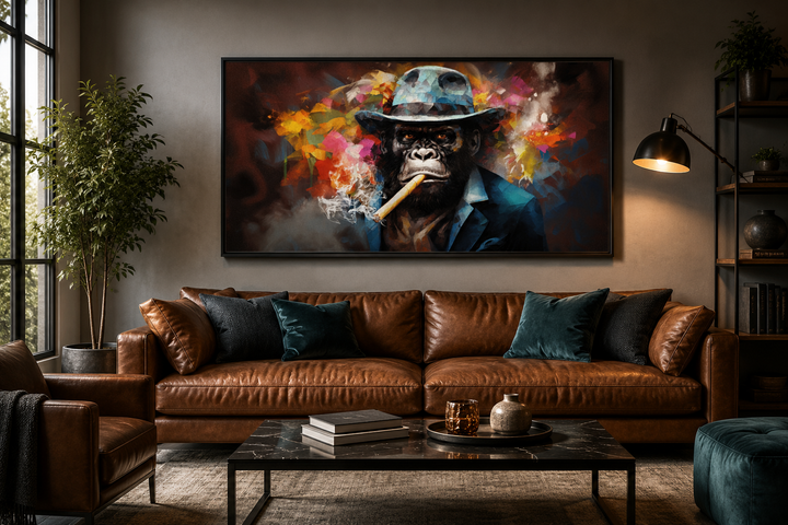 Gangster gorilla in a fedora and suit smoking a cigar canvas wall art in a modern living room.