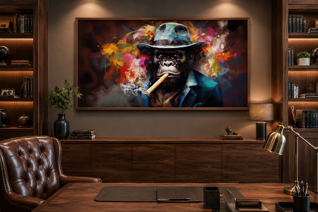 Gangster gorilla in a fedora and suit smoking a cigar canvas wall art in a home office setting.