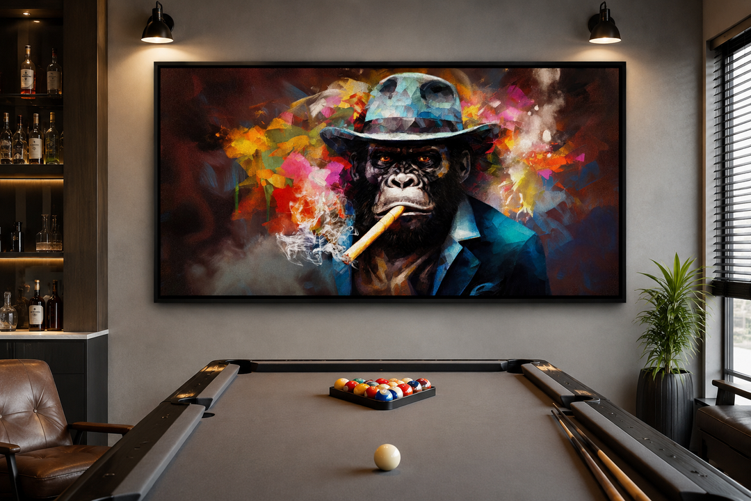 Gangster Gorilla in fedora and suit smoking a cigar canvas wall art above a pool table.