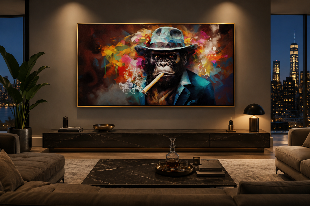 Gangster gorilla in a fedora and suit smoking a cigar canvas wall art in a modern living room.