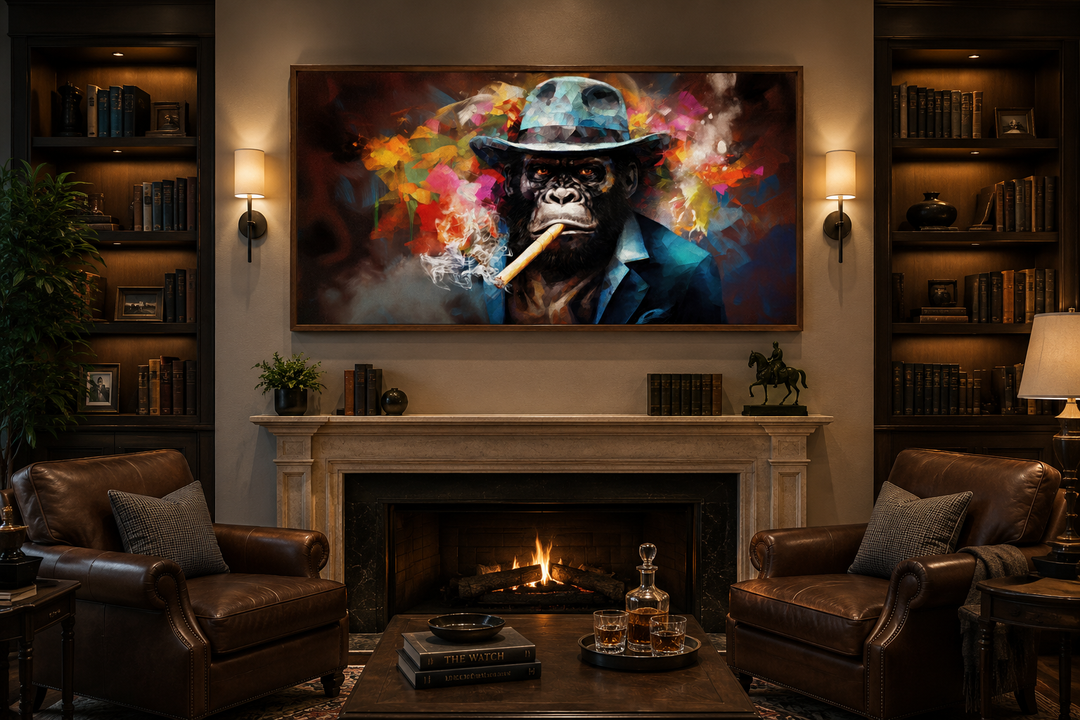 Gangster gorilla in a fedora and suit smoking a cigar canvas wall art above a fireplace.