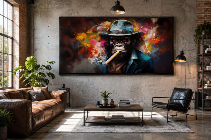Gangster Gorilla in fedora and suit smoking a cigar canvas wall art in a modern industrial room.