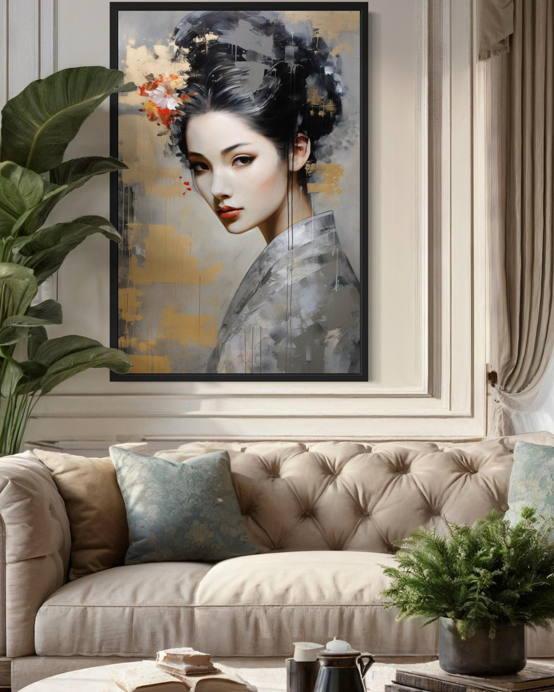 Geisha Abstract Portrait Framed Canvas Wall Art