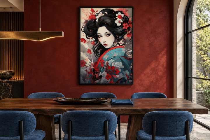 Ukiyo-e style geisha portrait framed canvas wall art in a modern dining room with red walls.