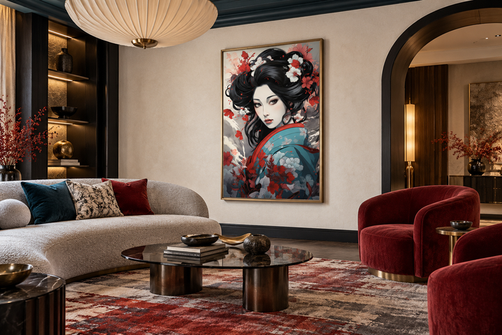 Ukiyo-e style geisha portrait framed canvas wall art hanging in a modern living room.