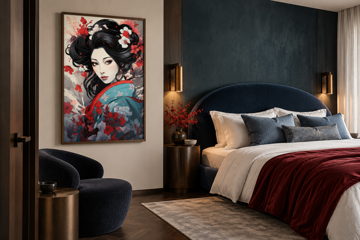 Ukiyo-e style geisha portrait in a walnut frame hanging in a modern bedroom with a navy headboard.
