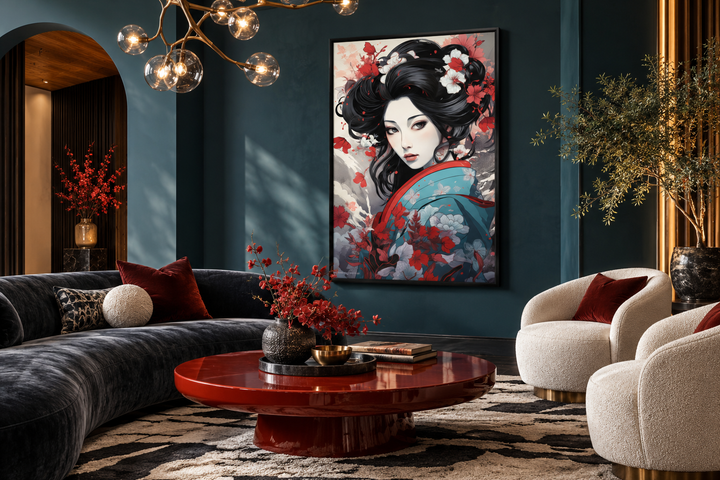Ukiyo-e style geisha portrait framed canvas wall art hanging in a modern living room.
