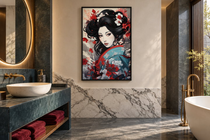 Ukiyo-e style geisha portrait framed canvas wall art hanging in a modern marble bathroom.