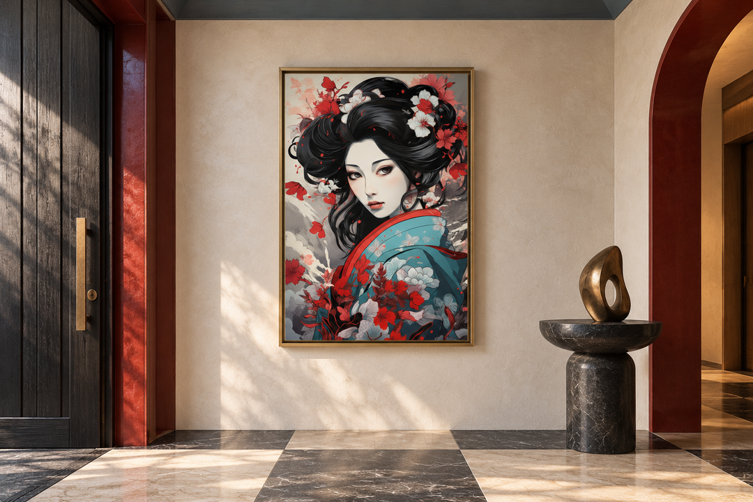 Ukiyo-e style geisha portrait in a gold frame hanging in a modern entryway with marble floors.