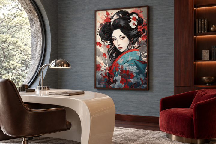 Ukiyo-e style geisha portrait framed canvas wall art hanging in a modern office study.