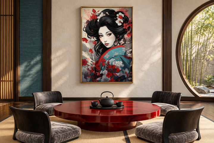 Ukiyo-e style geisha portrait in a gold frame hanging in a traditional Japanese tea room.