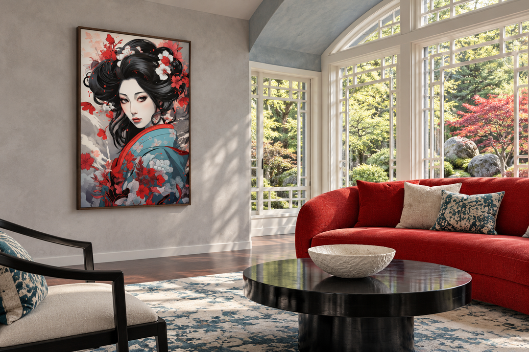 Ukiyo-e style geisha portrait framed canvas wall art hanging in a sunlit living room.