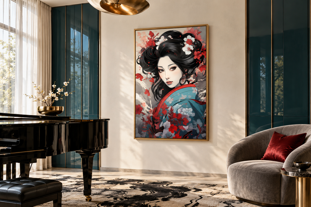 Ukiyo-e style geisha portrait in a gold frame hanging in a modern music room with a grand piano.