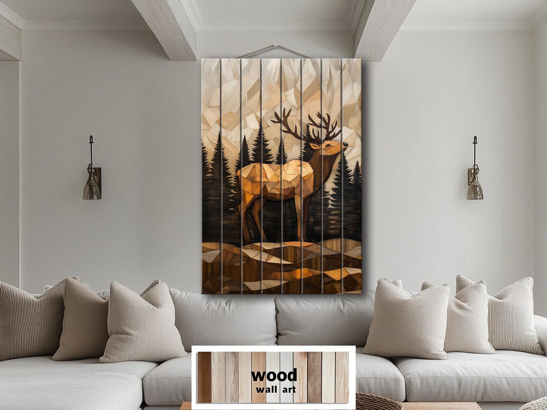 Geometric Elk In The Forest Distressed Wood Wall Art