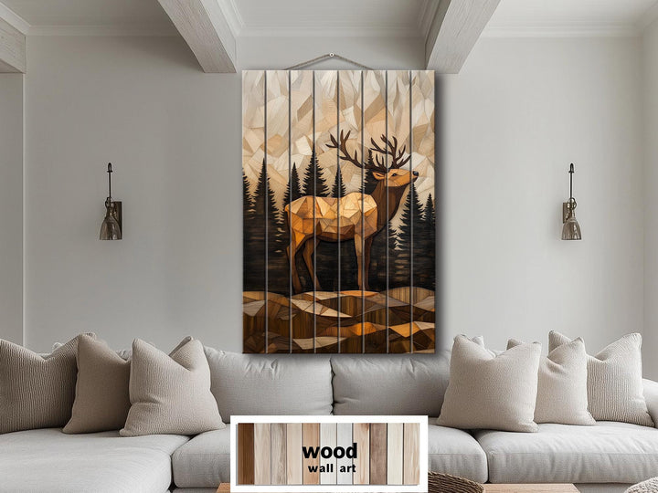 Geometric Elk In The Forest Distressed Wood Wall Art