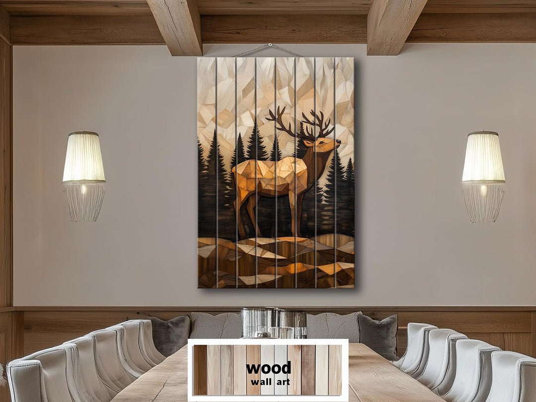 Geometric Elk In The Forest Distressed Wood Wall Art