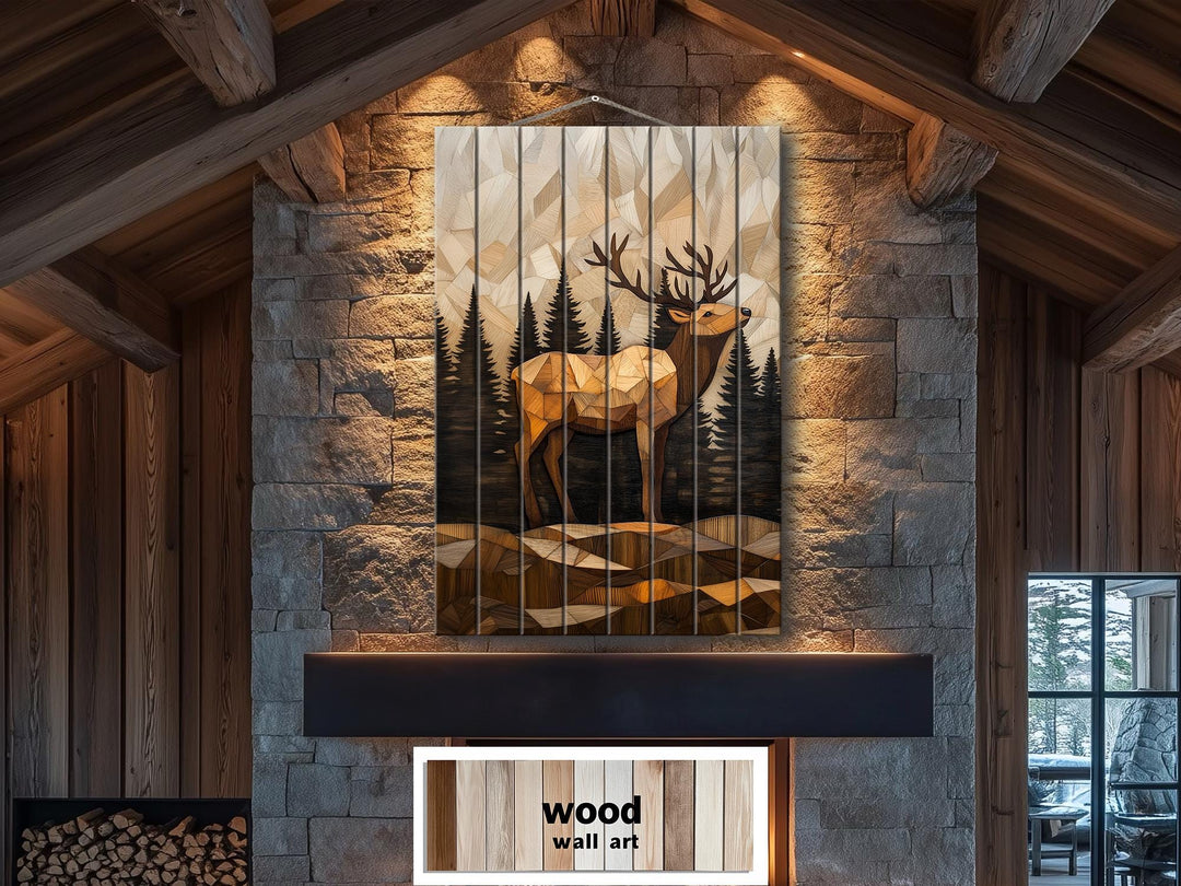 Geometric Elk In The Forest Distressed Wood Wall Art
