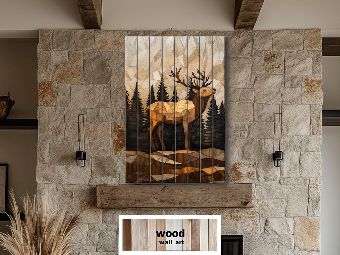 Geometric Elk In The Forest Distressed Wood Wall Art