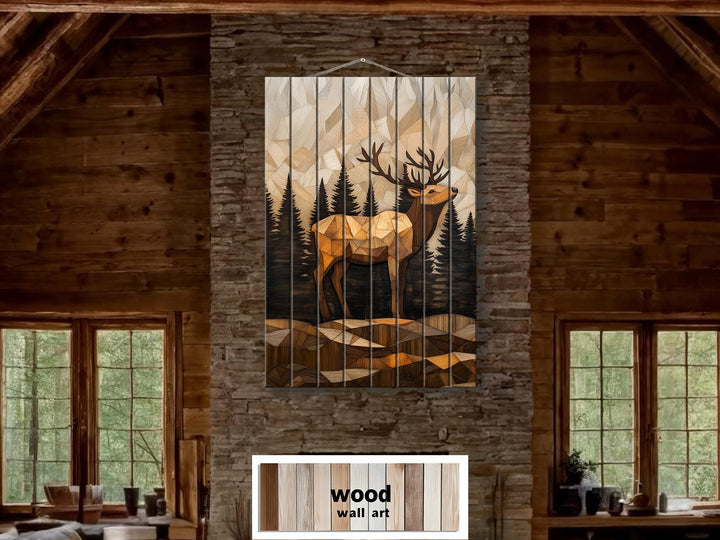 Geometric Elk In The Forest Distressed Wood Wall Art