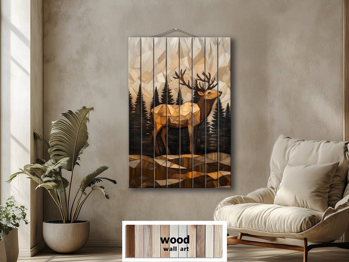 Geometric Elk In The Forest Distressed Wood Wall Art